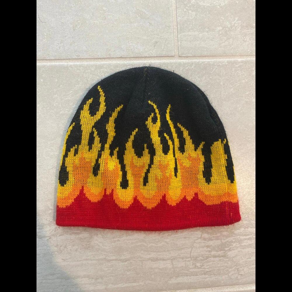 Flamed winter hat toboggan beanie, knit cap hot rod